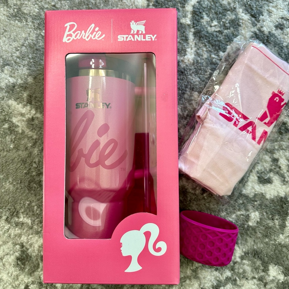 Barbie 40oz Iconic, not released Stanley, tote bag and matching waffle boot.